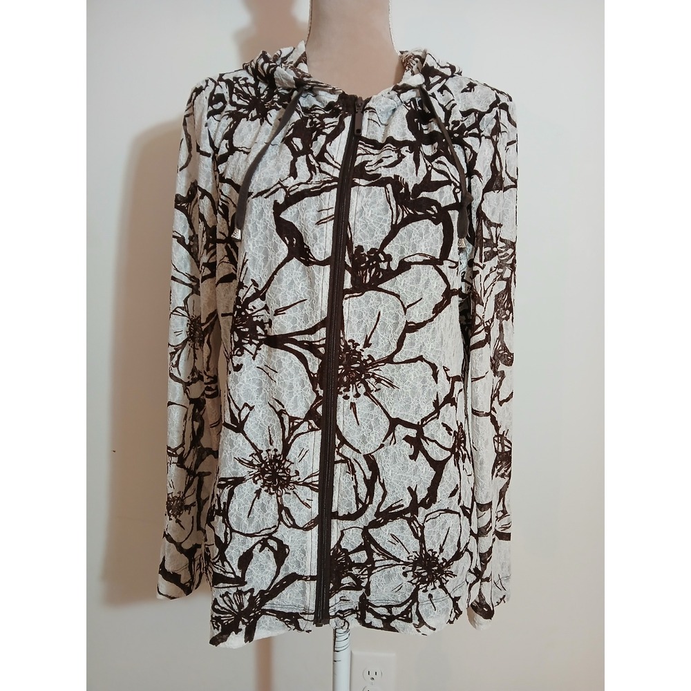 Peck & Peck Weekend XL Brown Floral Lace Zip Up Hoodie Jacket XL Womens